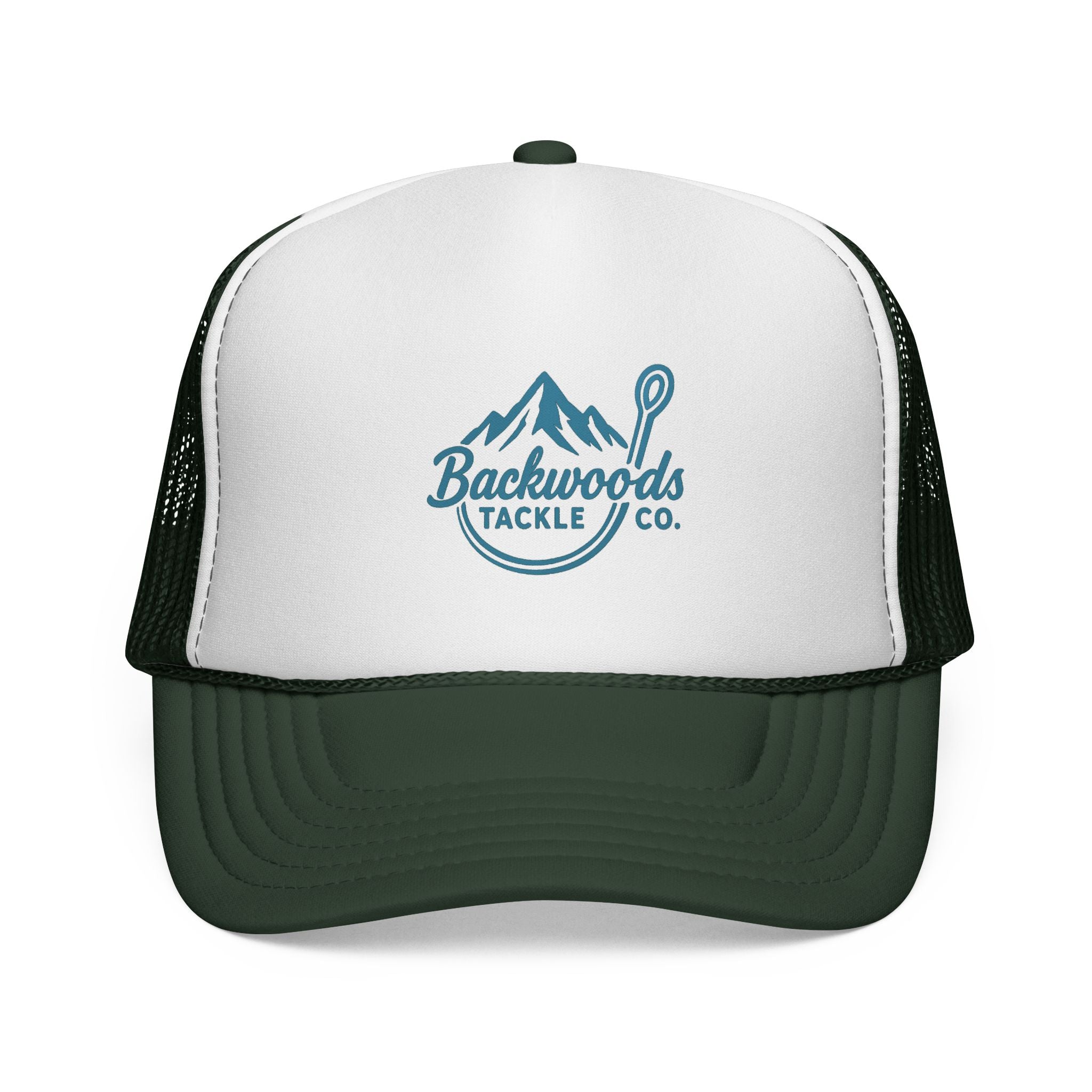 Backwoods Tackle Co. Trucker Hat — Fishing Mesh Cap with Mountain & Hook Logo