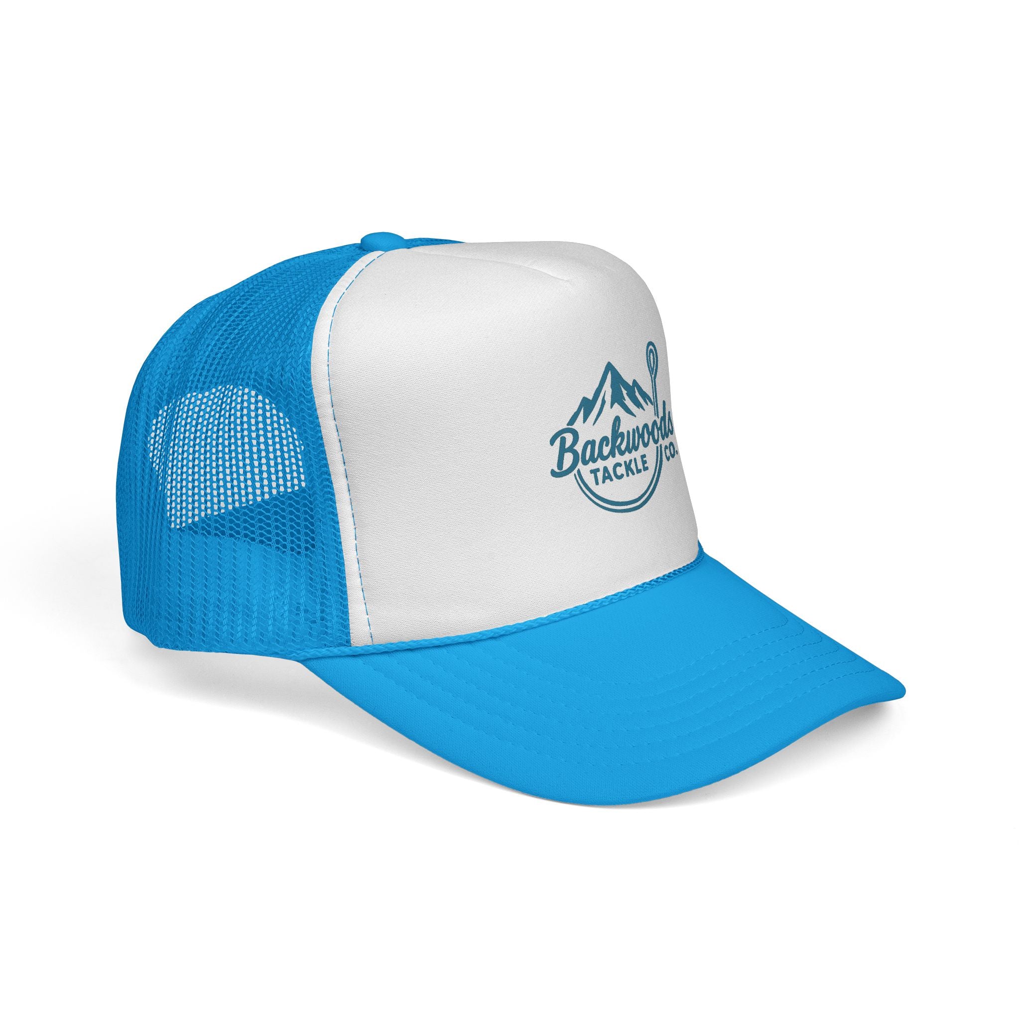 Backwoods Tackle Co. Trucker Hat — Fishing Mesh Cap with Mountain & Hook Logo