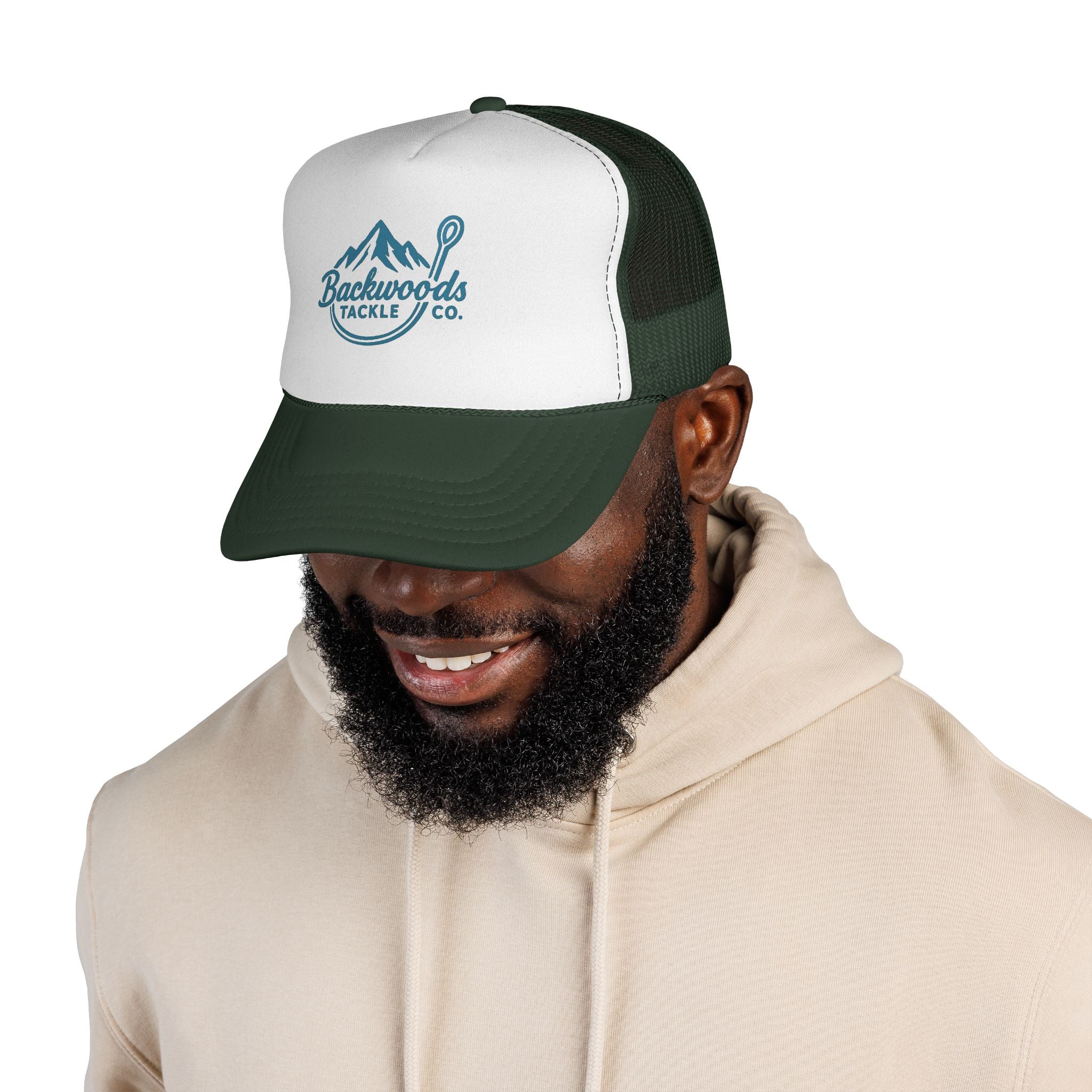 Backwoods Tackle Co. Trucker Hat — Fishing Mesh Cap with Mountain & Hook Logo