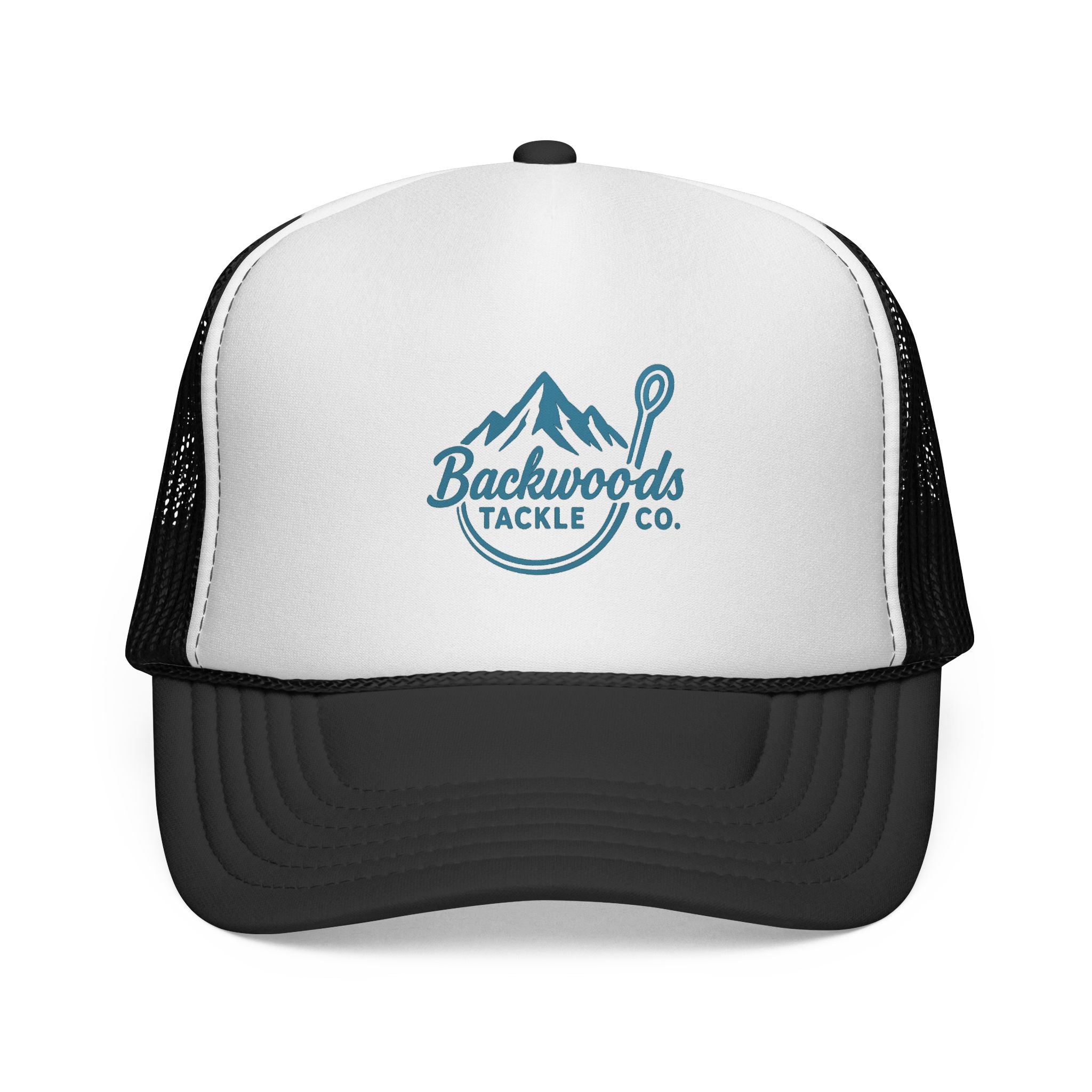 Backwoods Tackle Co. Trucker Hat — Fishing Mesh Cap with Mountain & Hook Logo