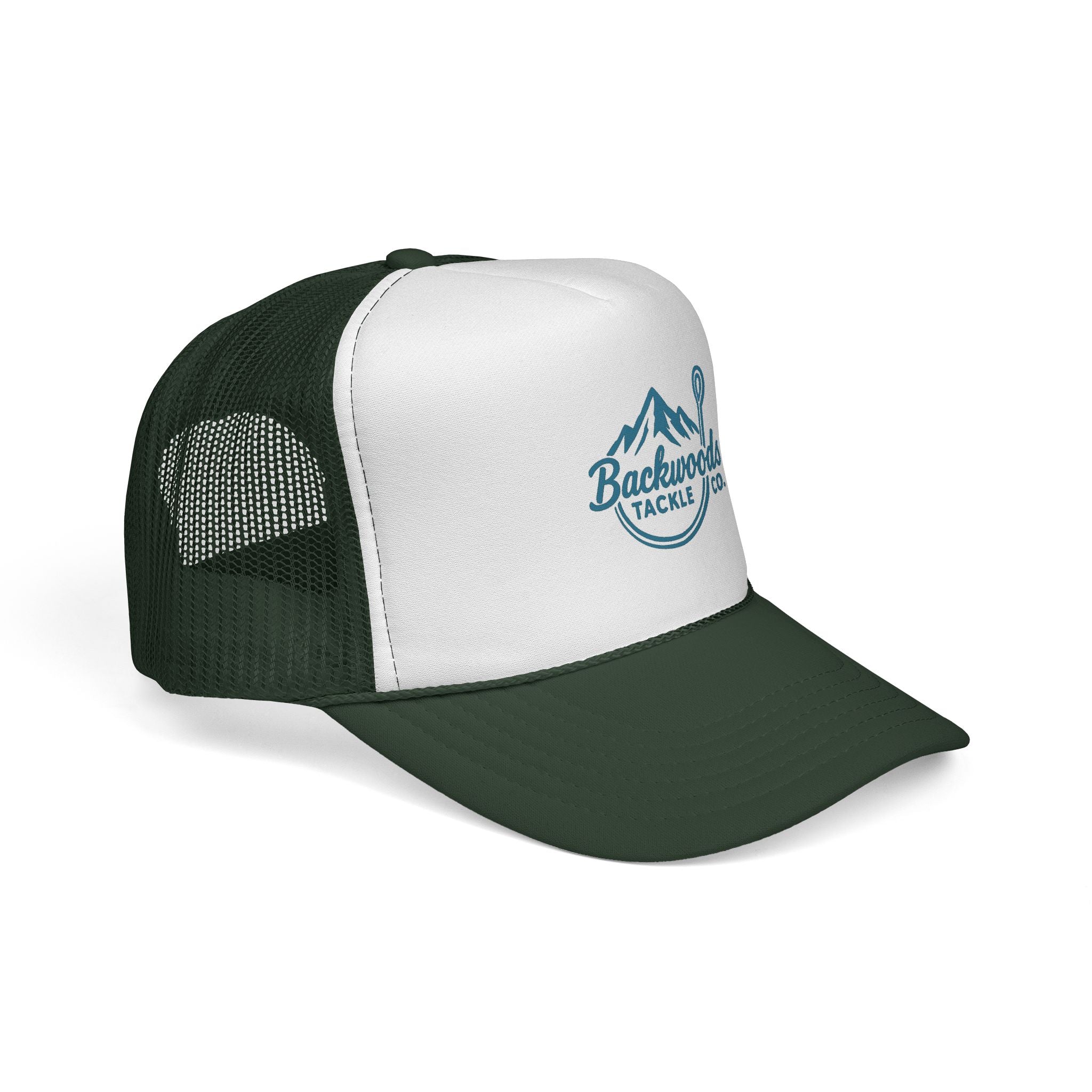 Backwoods Tackle Co. Trucker Hat — Fishing Mesh Cap with Mountain & Hook Logo