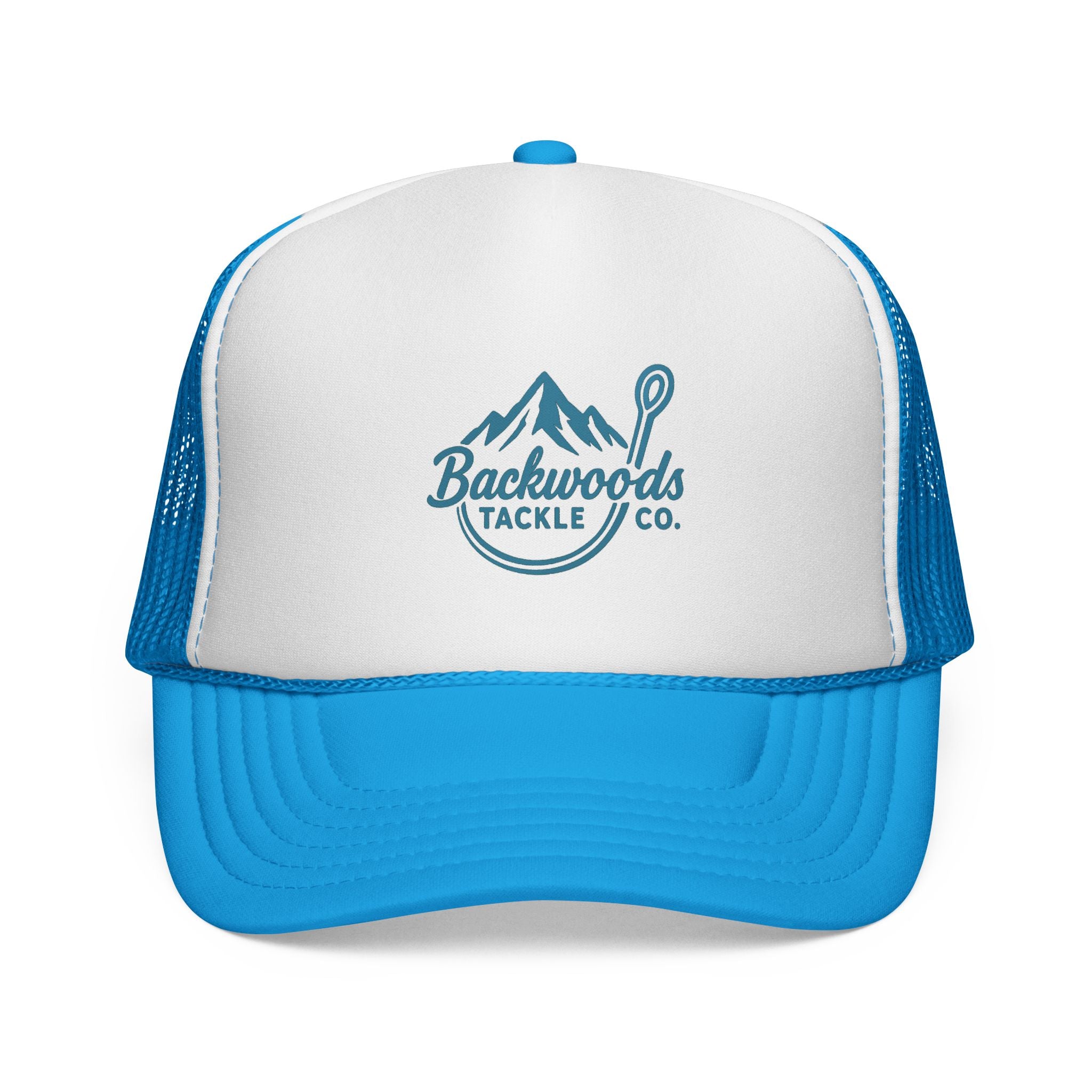 Backwoods Tackle Co. Trucker Hat — Fishing Mesh Cap with Mountain & Hook Logo