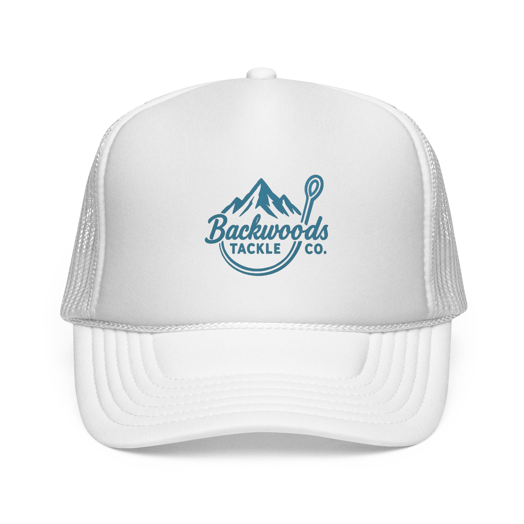 Backwoods Tackle Co. Trucker Hat — Fishing Mesh Cap with Mountain & Hook Logo